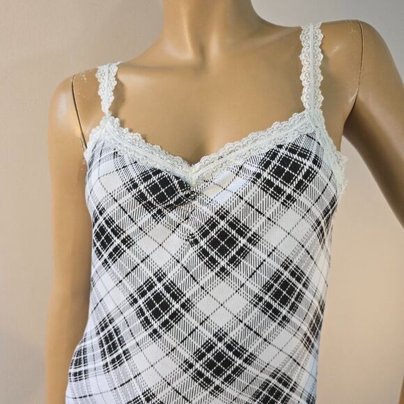 Eyeshadow Camisole Y2K Black White Plaid Babydoll Tank Top Youth Sz XL Cotton - Picture 3 of 9